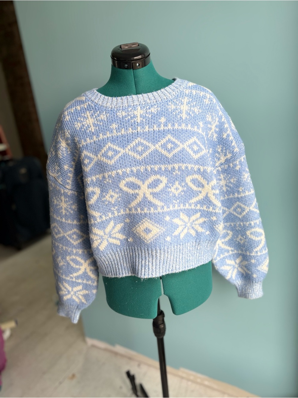 Altar'd State Light Blue and White Winter Crewneck Sweater